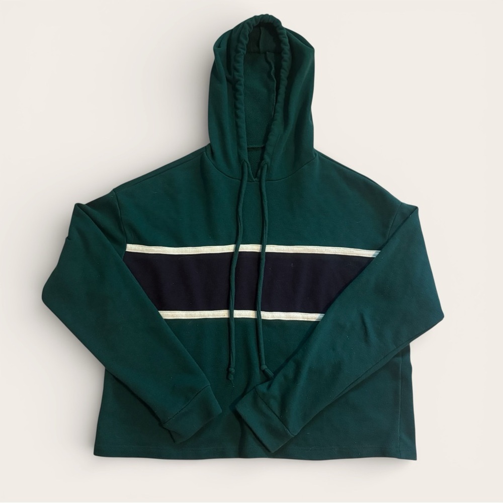 VTG Colorblock Dark Green and Navy Women's Hoodie Cropped 90s Style Sz Small - Picture 4 of 4